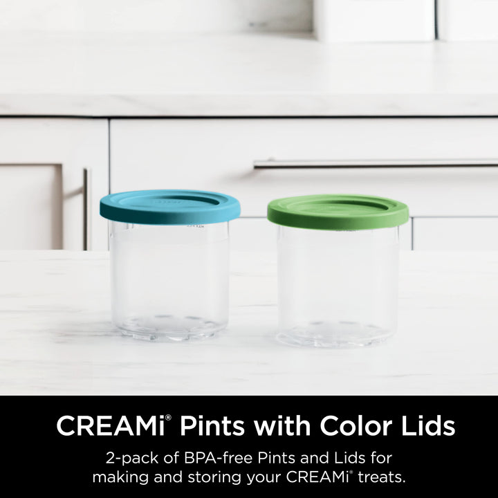 Ninja CREAMi Pints 2 Pack, Compatible with NC299AMZ & NC300s Series CREAMi Ice Cream Makers, Genuine Ninja Pint, BPA-Free & Dishwasher Safe, Color Lids, 1 Pint Each, Clear/Lime/Aqua, XSKPLID2CD