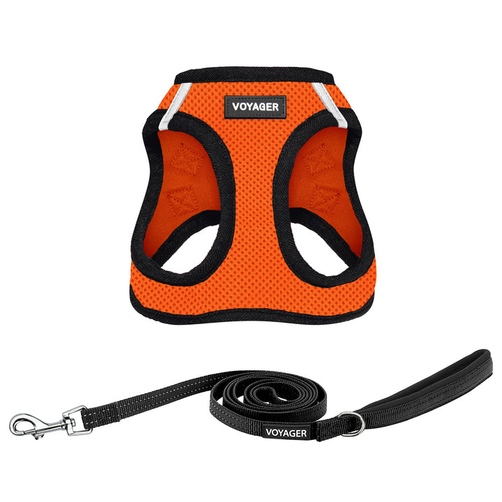 Voyager Step-in Air All Weather Mesh Harness and Reflective Dog 5 ft Leash Combo with Neoprene Handle, for Small, Medium and Large Breed Puppies by Best Pet Supplies - Orange/Black Trim, XX-Small Harness Leash Bundle (Orange/Black Trim)