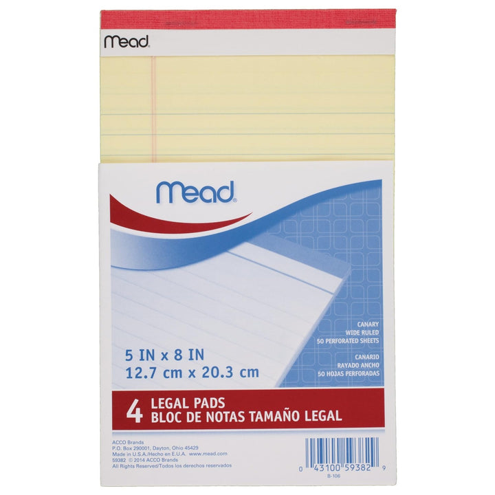 Mead Canary Junior Legal Pads, 5 x 8 Inch, 4 Pack 50 Sheets (59382) 5" x 8" Writing Pads