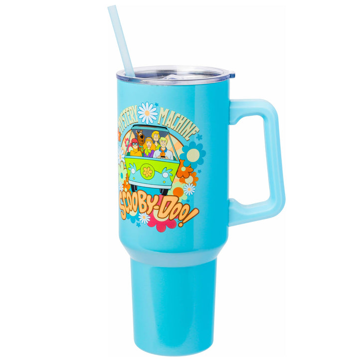 Silver Buffalo Scooby Doo Mystery Machine Featuring Shaggy, Velma, Fred and Daphne Stainless Steel Tumbler with Handle and Straw, Fits in Standard Cup Holder, 40 Ounces Azul Blue/Multi