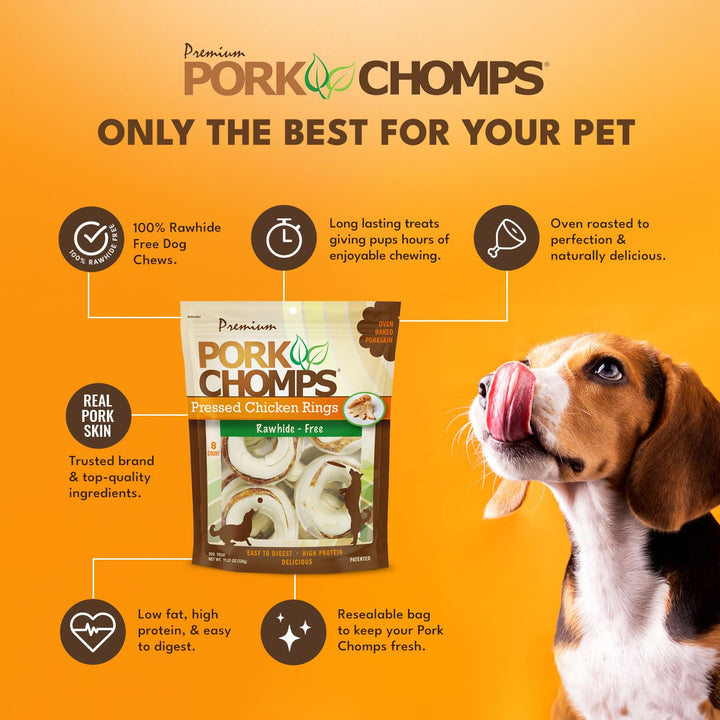 Pork Chomps Pressed Pork Skin Dog Chews, 2.5-inch Rings, Real Chicken, 8 Count Rings (Chicken) 8 Count (Pack of 1)