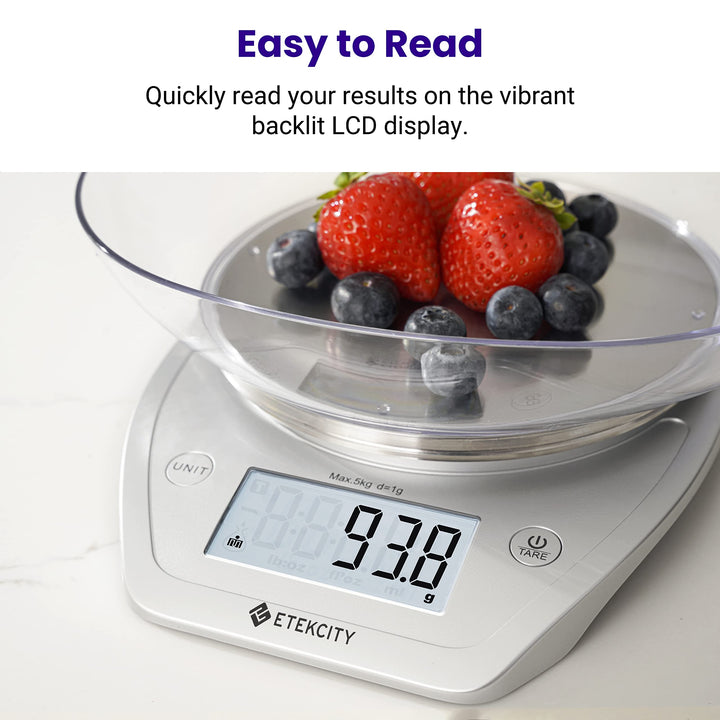 Etekcity Food Scale, 11lb/0.1g, Digital Kitchen Scale with Detachable Bowl Weight Grams and Ounces for Coffee, Baking, Cooking, Large LCD Display Stainless Steel (Batteries Included) Arctic Sliver