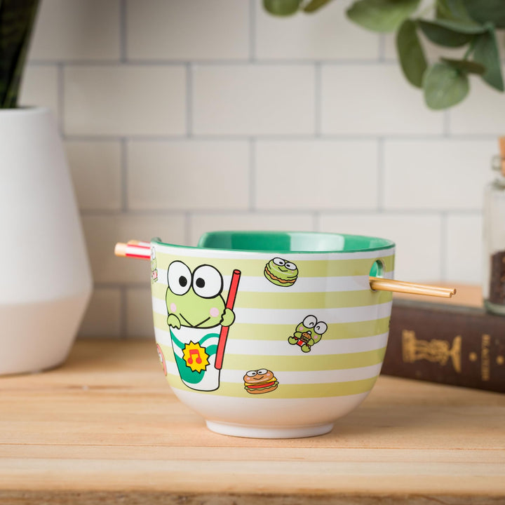 Silver Buffalo Sanrio Hello Kitty and Friends Keroppi Foodie Icons Ceramic Ramen Noodle Rice Bowl with Chopsticks, Microwave Safe, 20 Ounces Cartoon