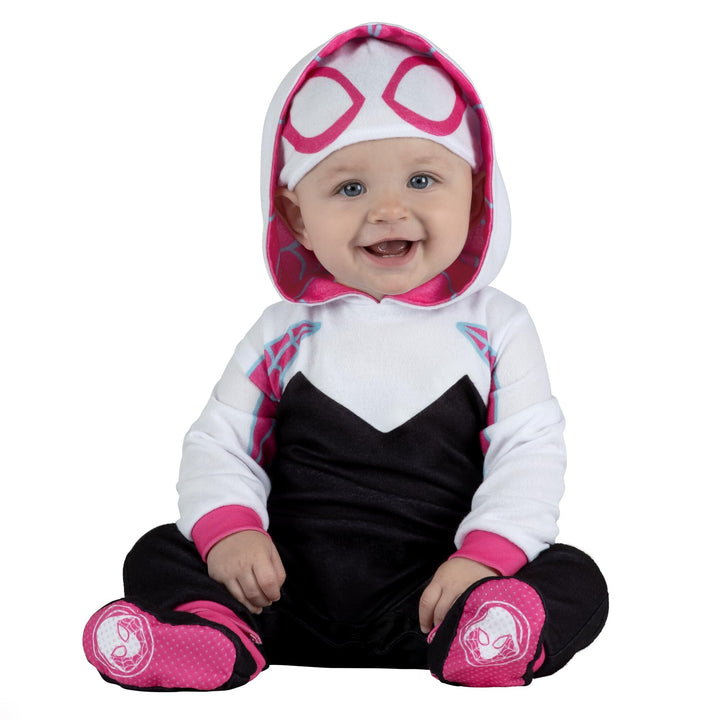 Marvel Spider-Gwen Official Infant Deluxe Halloween Costume - Premium Minky Fabric and Non-Slip Grip Booties 6-12m