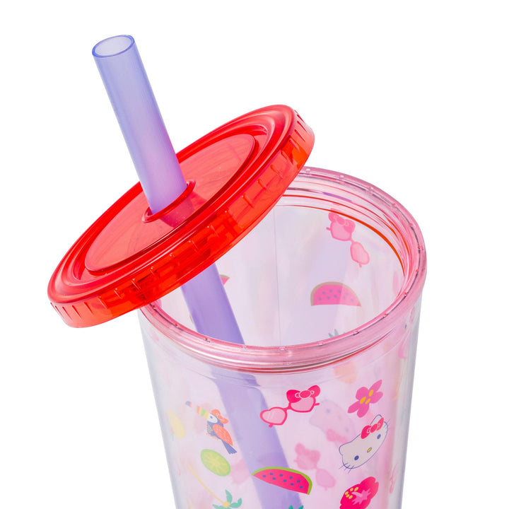 Silver Buffalo Sanrio Hello Kitty Tropical Summer Plastic Boba Tumbler with Lid and Wide Straw, 24 Ounces 24oz Hello Kitty Tropical Tossed Icons