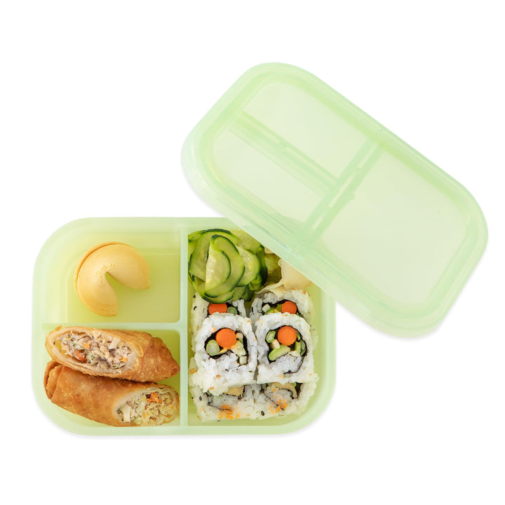 Bumkins Snack/Lunch Bento Box for Kids and Adults, 3 Compartment Container, Leak Proof Lid, for Portioning, Large Section Can Hold Sandwich, Food-Safe LFGB Platinum Silicone, Microwave-Safe, Green Green Jelly