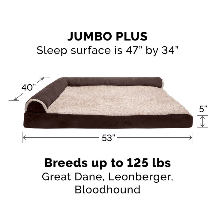 Furhaven Replacement Dog Bed Cover Two-Tone Faux Fur & Suede L Shaped Chaise, Machine Washable - Espresso, Jumbo Plus (XX-Large) Cover Only (Two-Tone Faux Fur & Suede) Espresso