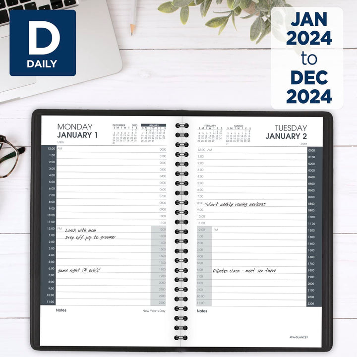 AT-A-GLANCE 2024 Daily Planner, Hourly Appointment Book, 5" x 8", Small, 24-Hour, Black (702030524) 2024 Old Edition