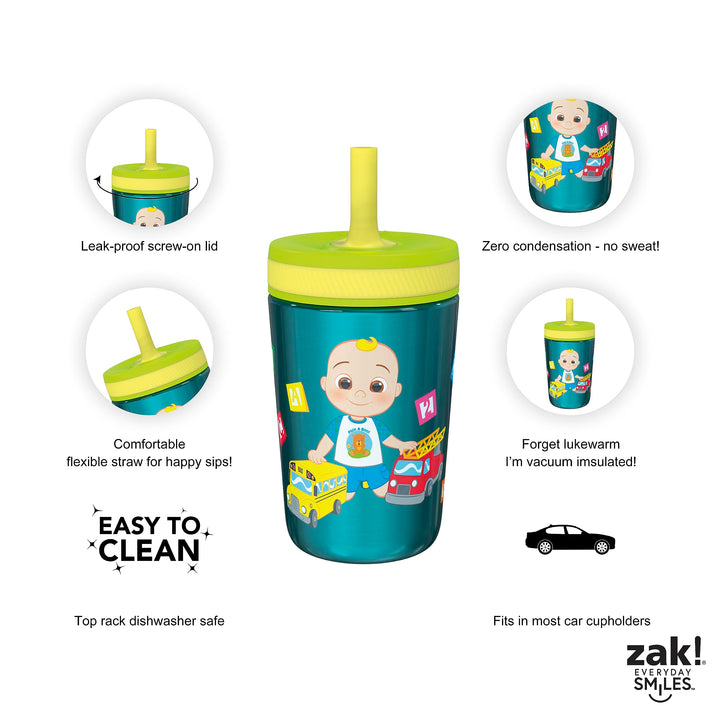 Zak Designs CoComelon Kelso Tumbler Set, Leak-Proof Screw-On Lid with Straw, Bundle for Kids Includes Plastic and Stainless Steel Cups with Bonus Sipper (3pc Set, Non-BPA), 15 fluid ounces