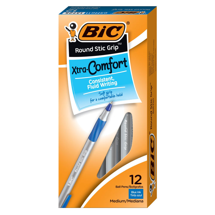 BIC Round Stic Grip Xtra Comfort Blue Ballpoint Pens, Medium Point (1.2mm), 12-Count Pack, Excellent Writing Pens With Soft Grip for Superb Comfort and Control 12 Count (Pack of 1)