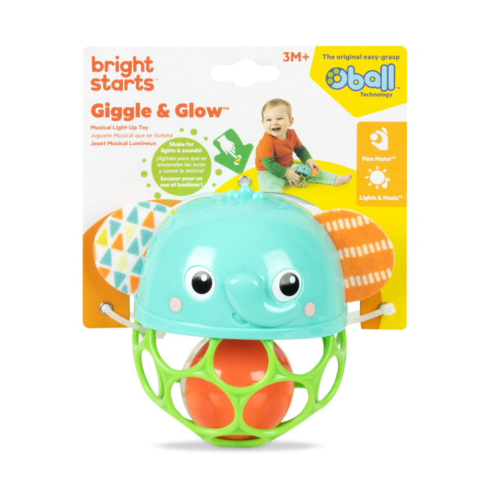 Bright Starts Giggle & Glow Musical Light-Up Rattle Easy-Grasp Oball Elephant Toy, Newborn+, Unisex