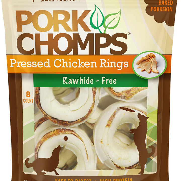 Pork Chomps Pressed Pork Skin Dog Chews, 2.5-inch Rings, Real Chicken, 8 Count Rings (Chicken) 8 Count (Pack of 1)