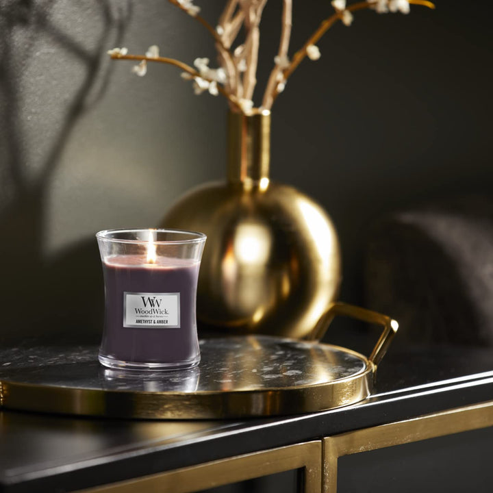 WoodWick Medium Hourglass Candle, Amethyst/Amber - Premium Soy Blend Wax, Pluswick Innovation Wood Wick, Made in USA