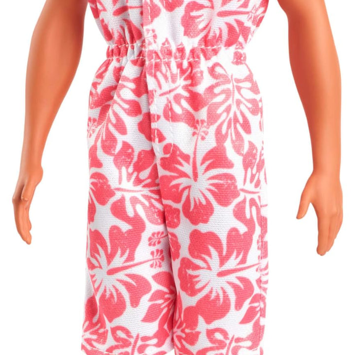 Barbie Fashionistas Ken Doll #235 with Braided Brown Hair, Wearing Coral Jumpsuit with Hawaiian Print and Green Sandals