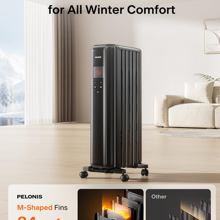 PELONIS Oil Filled Radiator, Electric Space Heater for Indoor Use Large Room with Thermostat & Remote, 3 Modes & 3 Heat Settings, ECO Mode, 24H Timer, Quiet, Overheat & Tip-Over Protection, 1500W Premium with LED Display Black