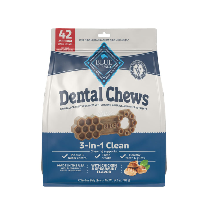 Blue Buffalo Dental Chews Medium Natural Dog Treats, Chicken & Spearmint 34.5-oz Bag (42 Count) Medium Bones (For Dogs 20-50 lbs) 2.16 Pound (Pack of 1)