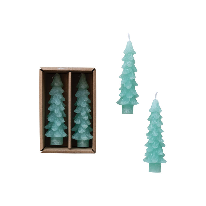 Creative Co-Op Unscented Textured Tree Shaped Taper Candles with Gold Tips in Box, Blue, Set of 2 Gold/Blue 5"