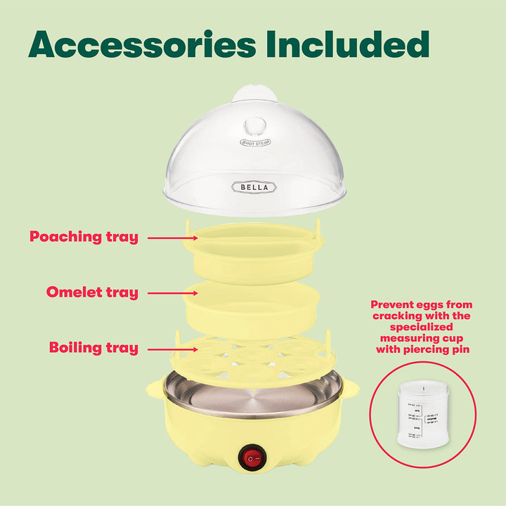 BELLA Rapid Electric Egg Cooker and Poacher with Auto Shut Off for Omelet, Soft, Medium and Hard Boiled Eggs - 14 Egg Capacity Tray, Double Stack, Yellow