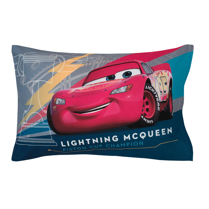 Disney Cars Piston Cup Circuit Blue, Red, and Yellow, Lightning McQueen and Mater 4 Piece Toddler Bed Set - Comforter, Fitted Bottom Sheet, Flat Top Sheet, and Reversible Pillowcase Disney Cars Piston Cup