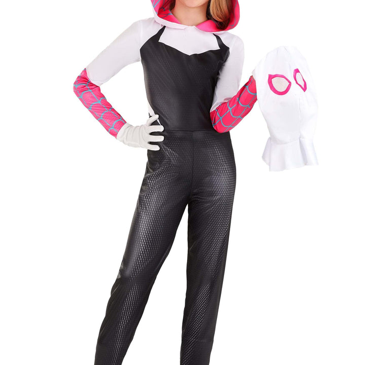 MARVEL Spider-Gwen Official Adult Halloween Costume - Premium Quality Hooded Jumpsuit with Pull On Fabric Mask Large