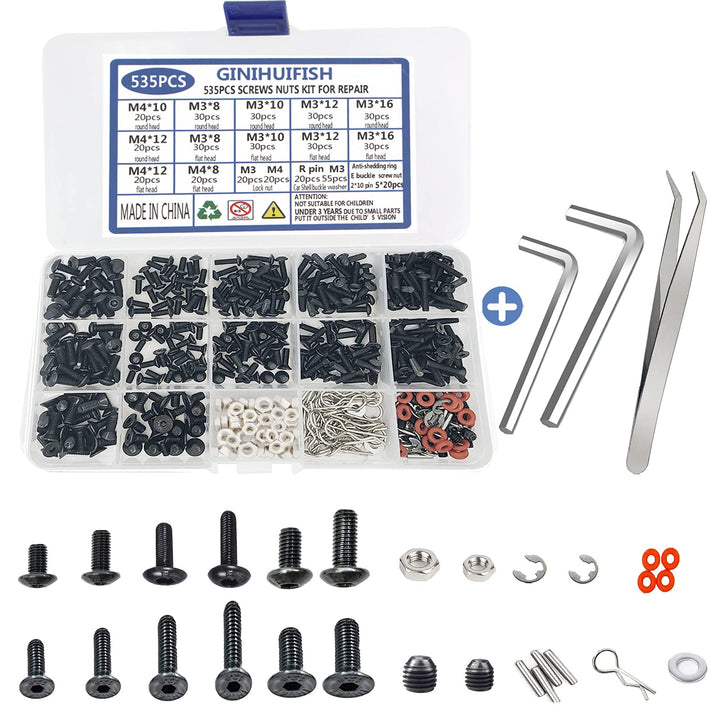 535PCS RC Screw Kit Repair Tool Assortment Set M3 M4 Hex Screws Nut Hardware Fasteners with Wrench for Traxxas Axial Redcat HSP HPI Arrma Losi 1:8 1:10 1:12 1:16 Scale RC Cars Trucks Crawler Parts