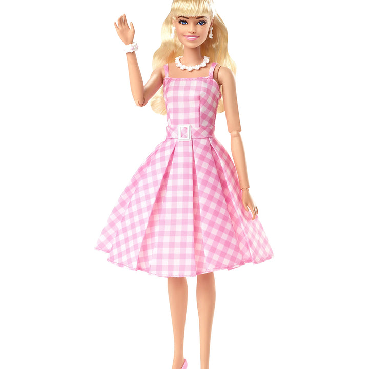 Barbie The Movie Doll, Margot Robbie as, Collectible Doll Wearing Pink & White Gingham Dress with Daisy Chain Necklace Multicolor