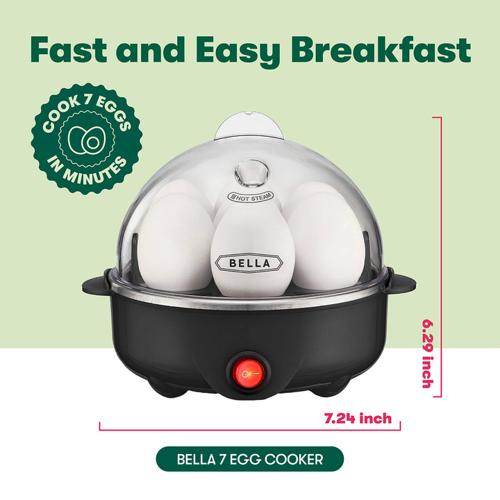 BELLA Rapid Electric Egg Cooker and Poacher with Auto Shut Off for Omelet, Soft, Medium and Hard Boiled Eggs - 7 Egg Capacity Tray, Single Stack, Black