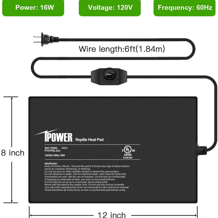 iPower 8 by 12-Inch 16 Watts Reptile Heating Mat with Temperature Controller Under Tank Warmer Terrarium Heat Pad for Reptiles and Amphibians, Black 8" x 12" Black/Heat Pad With Adjust Knob