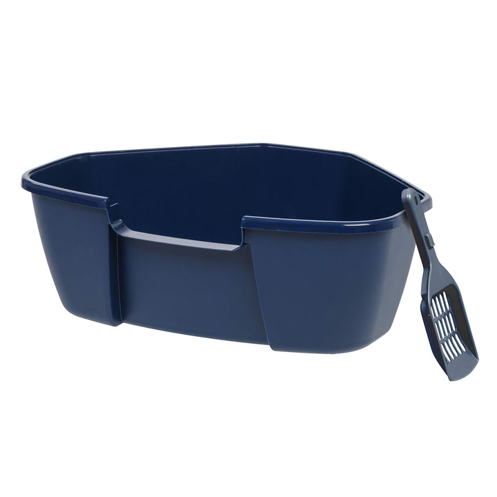 IRIS USA Large Open Top Corner Cat Litter Tray with Scoop, Sturdy Comfortable Easy to Clean Open Air Kitty Rabbit Litter Pan with Tall Walls, Navy Corner Tray - Navy