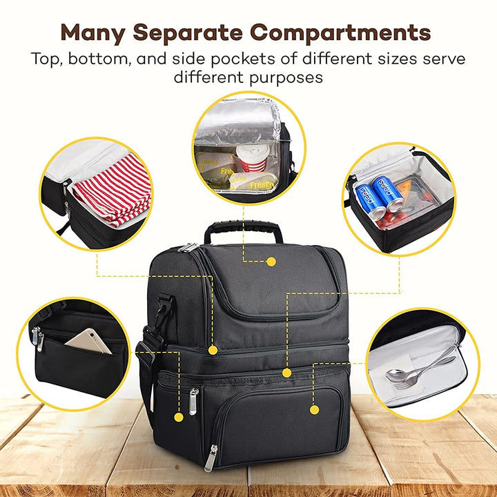 3 Compartments Insulated Lunch Box, 16L Big Capacity Reusable Waterproof Cooler Tote Bag for Meal, Large Lunch Bag for Outdoor Travel Beach Picnic Camping BBQ Party, Black