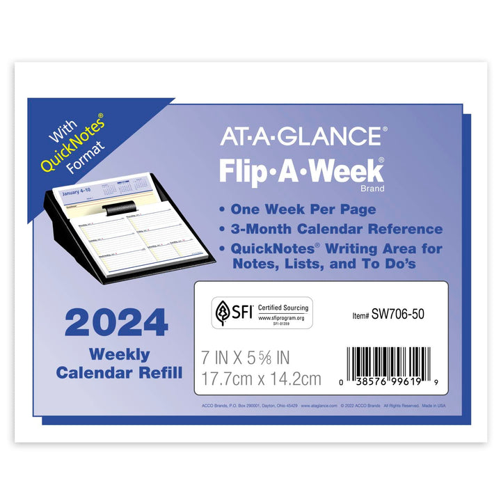 AT-A-GLANCE 2024 Flip-A-Week Weekly Desk Calendar Refill, 5-1/2" x 7", with QuickNotes (SW7065024) 2024 Old Edition