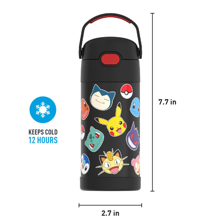 THERMOS FUNTAINER Water Bottle with Straw - 12 Ounce, Pokémon - Kids Stainless Steel Vacuum Insulated Water Bottle with Lid Pokemon Licensed Characters