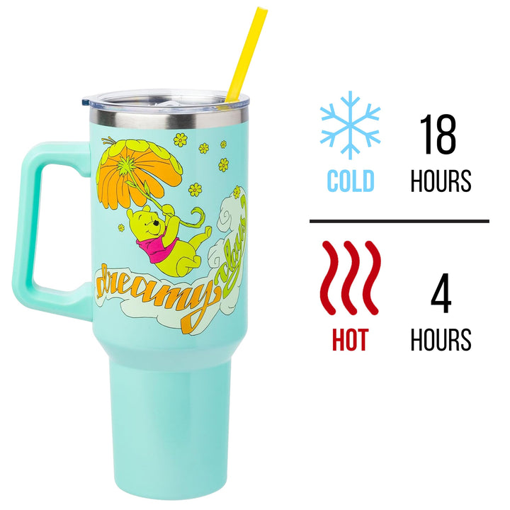 Silver Buffalo Disney Winnie the Pooh “Dreamy Days” Retro Art Stainless Steel Tumbler with Handle and Straw, Fits in Standard Cup Holder, 40 Ounces Pooh Dreamy Days