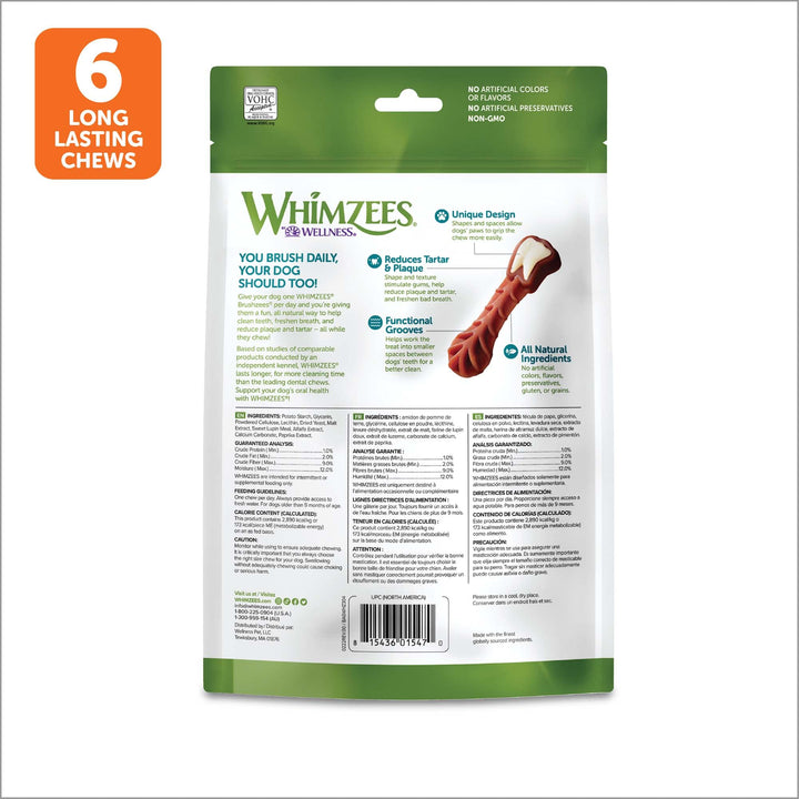 WHIMZEES by Wellness Brushzees Natural Dental Chews for Dogs, Long Lasting Treats, Grain-Free, Freshens Breath, Large Breed, 6 count 6 Count (Pack of 1) Standard Pack