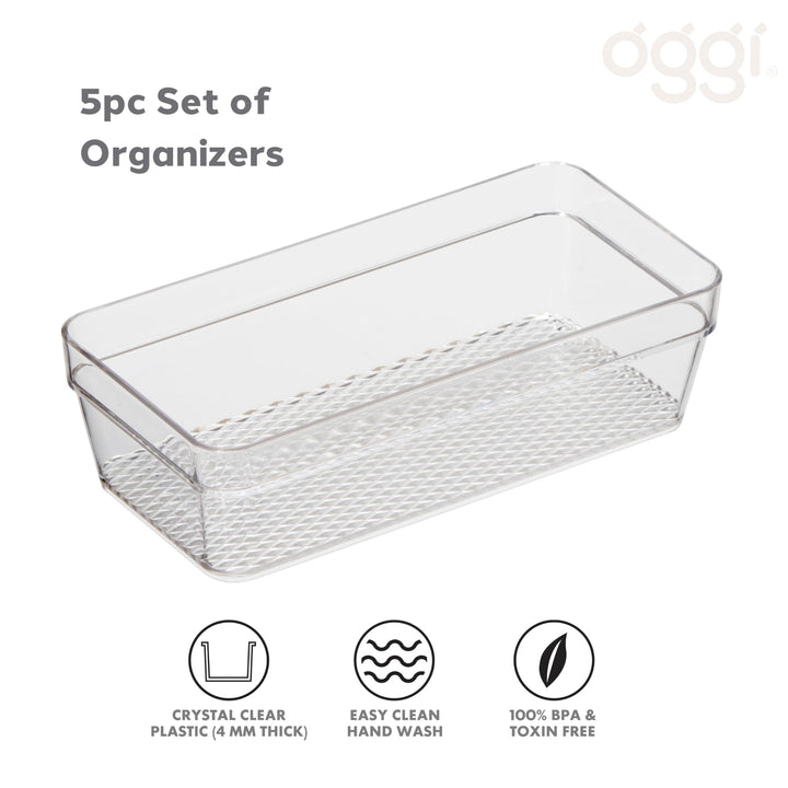 Oggi Set of 5 Clear Drawer Organizers - (1) 3x6.25, (2) 3x9.5, (2) 3x12.5 - Ideal for Organizing Kitchen Drawers, Office, Desk, Silverware, Kitchen Utensils, Cosmetics and Bathrooms