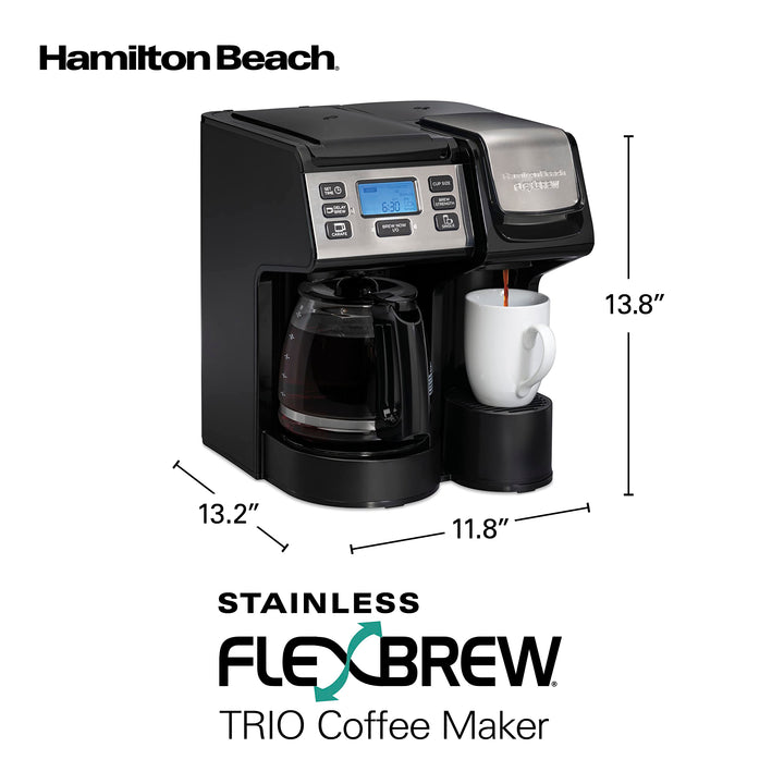 Hamilton Beach FlexBrew Trio 2-Way Coffee Maker, Compatible with K-Cup Pods or Grounds, Combo, Single Serve & Full 12c Pot, Black - Fast Brewing (49902) Black, Fast Brewing, Removable Reservoir