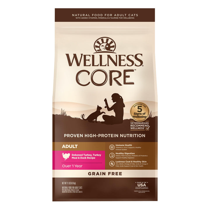 Wellness CORE Natural Grain-Free High Protein Adult Dry Cat Food Recipe, Turkey, Turkey Meal and Duck Formula, 11 Pound Bag 11 Pound (Pack of 1)