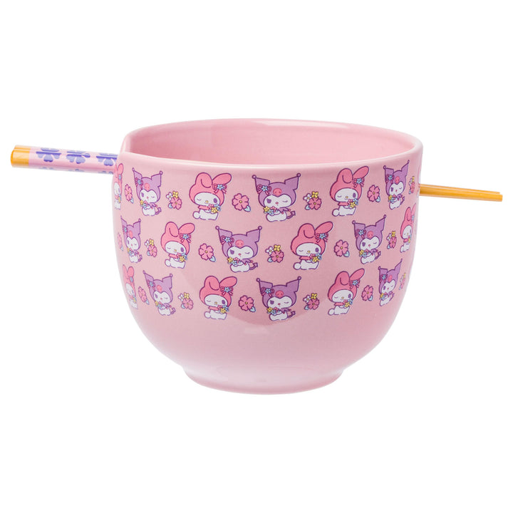 Silver Buffalo Sanrio My Melody And Kuromi Pastel Floral Pattern Ceramic Ramen Bowl with Chopsticks, 20 Ounces, Purple/Multi
