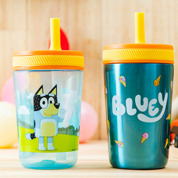 Zak Designs Bluey Kelso Tumbler Set, 15 fl.oz. Leak-Proof Screw-On Lid with Straw, Bundle for Kids Includes Plastic and Stainless Steel Cups with Bonus Sipper, 3pc Set, Non-BPA Classic