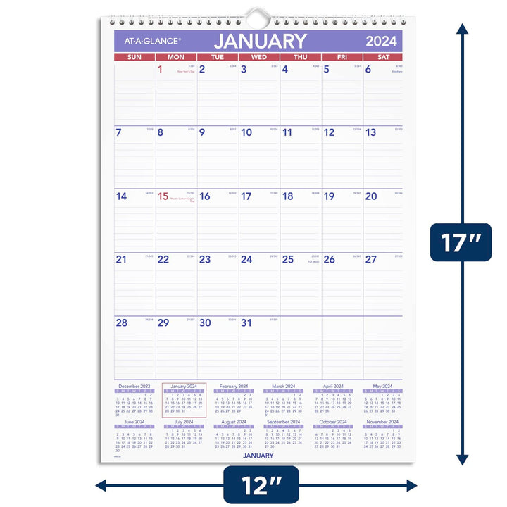 AT-A-GLANCE 2024 Wall Calendar, 12" x 17", Medium Tall, Spiral Bound, Monthly (PM22824) 2024 Old Edition