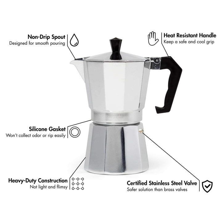 Primula Classic Stovetop Espresso and Coffee Maker, Moka Pot for Italian and Cuban Café Brewing, Greca Coffee Maker, Cafeteras, 6 Espresso Cups, Silver 6 Cup