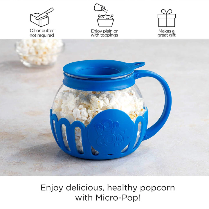 Ecolution Patented Micro-Pop Microwave Popcorn Popper with Temperature Safe Glass, 3-in-1 Lid Measures Kernels and Melts Butter, Made Without BPA, Dishwasher Safe, 1.5-Quart, Blue