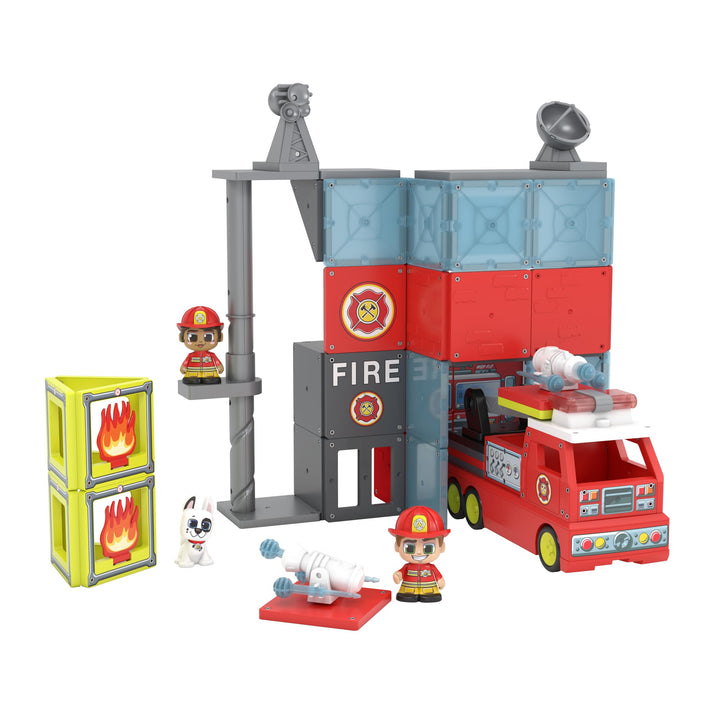 Tile Town Fire Station + Firetruck Magnetic Tiles Building Playset & Vehicle w/ Lights & Sounds + Figures, Kids 3-6+, New Action Tiles for Action Play, Creative Toy |  Exclusive