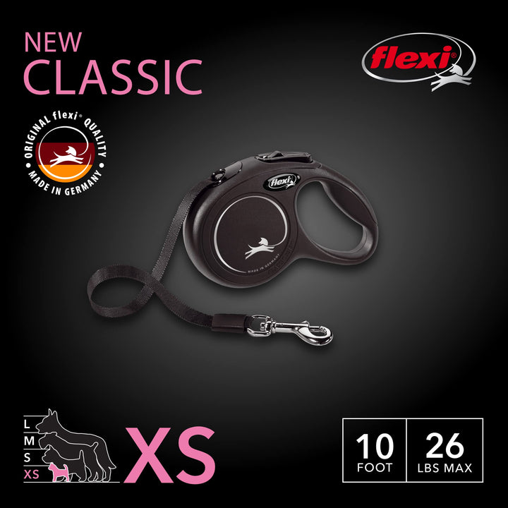 FLEXI New Classic Retractable Dog Leash (Tape), 10 ft, Extra Small, Black Extra Small - 10 ft