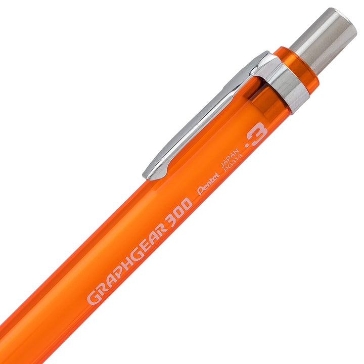 Pentel Arts GraphGear 300 Mechanical Pencil, (0.3mm) Extra-fine line, Orange Barrel, w/small block eraser + 1 lead tube 0.3mm Pencil + Eraser/Lead