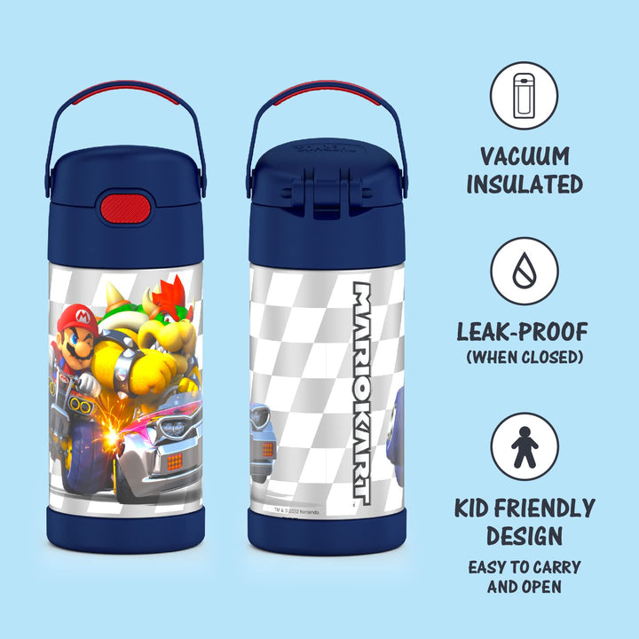 THERMOS FUNTAINER Water Bottle with Straw - 12 Ounce, Super Mario Brothers - Kids Stainless Steel Vacuum Insulated Water Bottle with Lid Licensed Characters