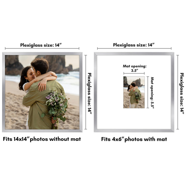 Americanflat 14x14 Picture Frame in Silver - Use as 4x6 Picture Frame with Mat or 14x14 Frame Without Mat - Thin Border Photo Frame with Plexiglass Cover - Square Picture Frame for Wall Display 14x14 - (4x6 With Mat) 1 Pack