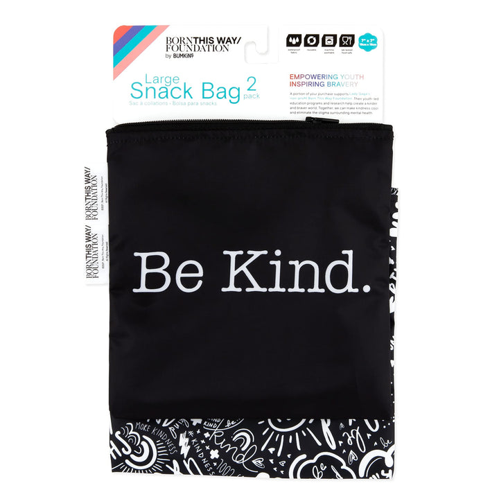 Bumkins Reusable Sandwich and Snack Bags, for Kids School Lunch and for Adults Portion, Washable Fabric, Waterproof Cloth Zip Bag, Travel Pouch, Food-Safe Storage, Large 2-pk Born This Way Be Kind Sandwich Bag 2-pk Be Kind-Lg