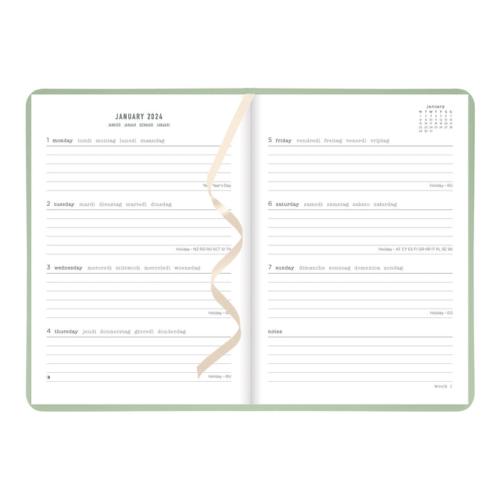 Letts Conscious Weekly/Monthly Planner, 12 Months, January to December, 2024, Sewn Binding, A5 Size, 8.25" x 5.875", Multilingual, Sage (C082396-24)