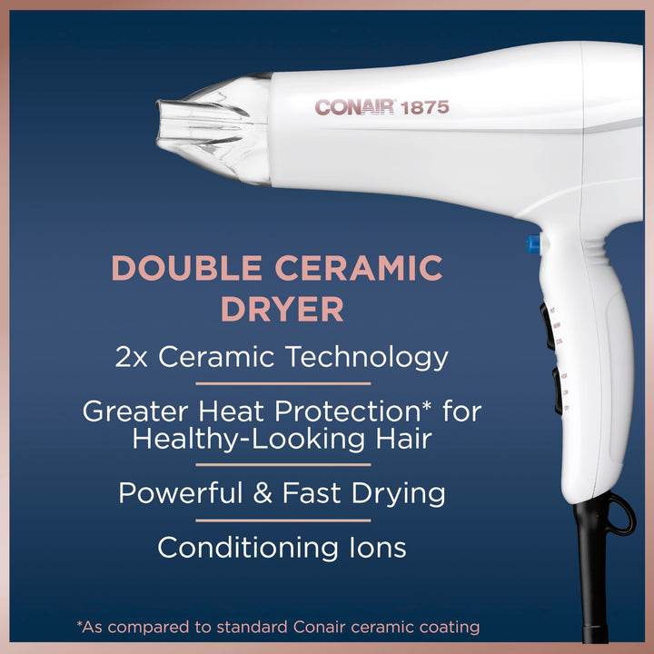 Conair Double Ceramic Hair Dryer with Diffuser | Blow Dryer with Ionic Conditioning | Includes Diffuser and Concentrator | Exclusive